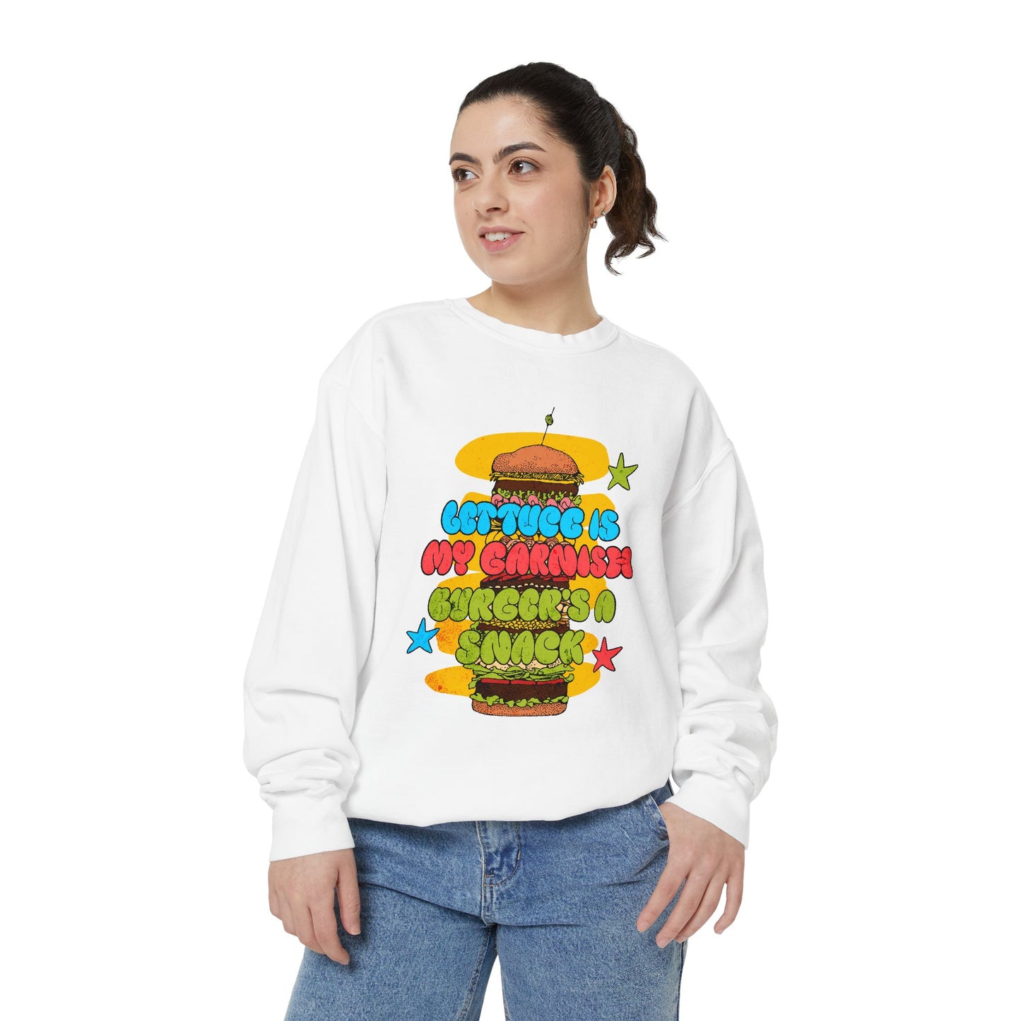 Let Juicy Burgers Sweatshirt - Fun Unisex Garment-Dyed Crewneck for Food Lovers