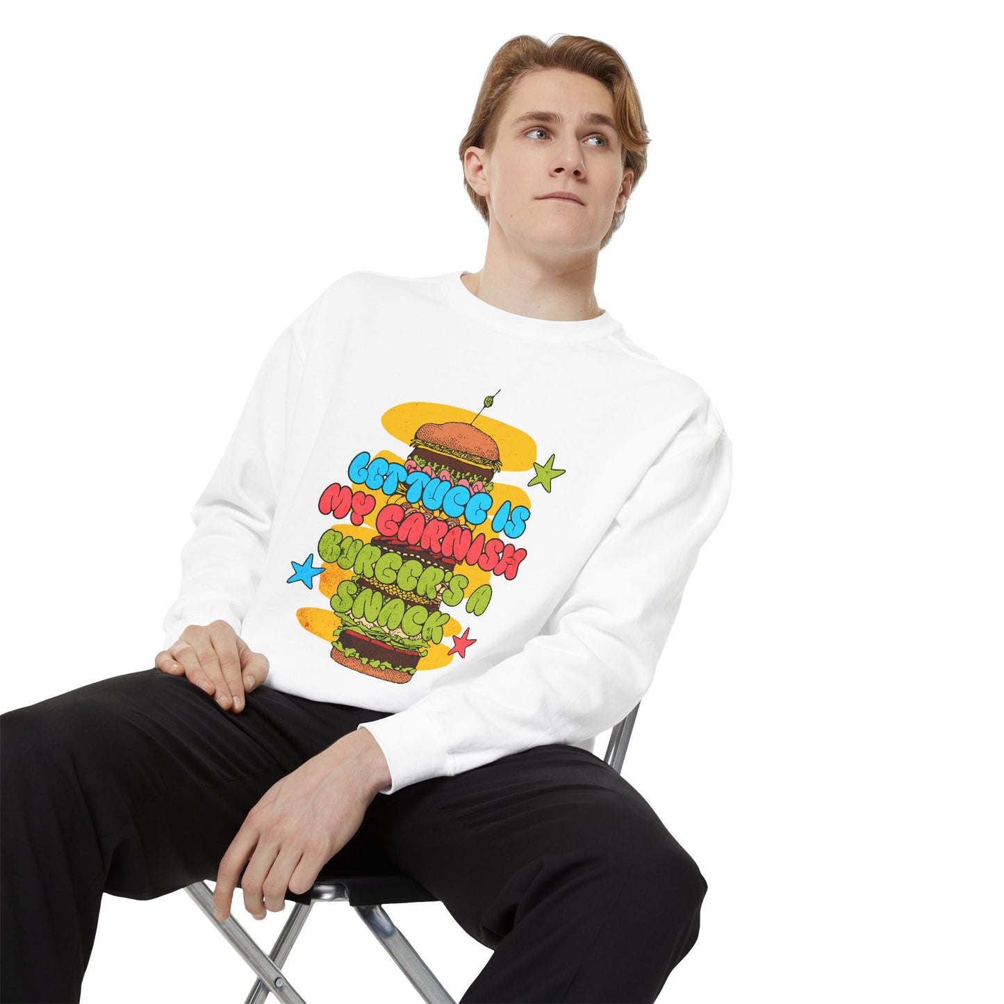 Let Juicy Burgers Sweatshirt - Fun Unisex Garment-Dyed Crewneck for Food Lovers