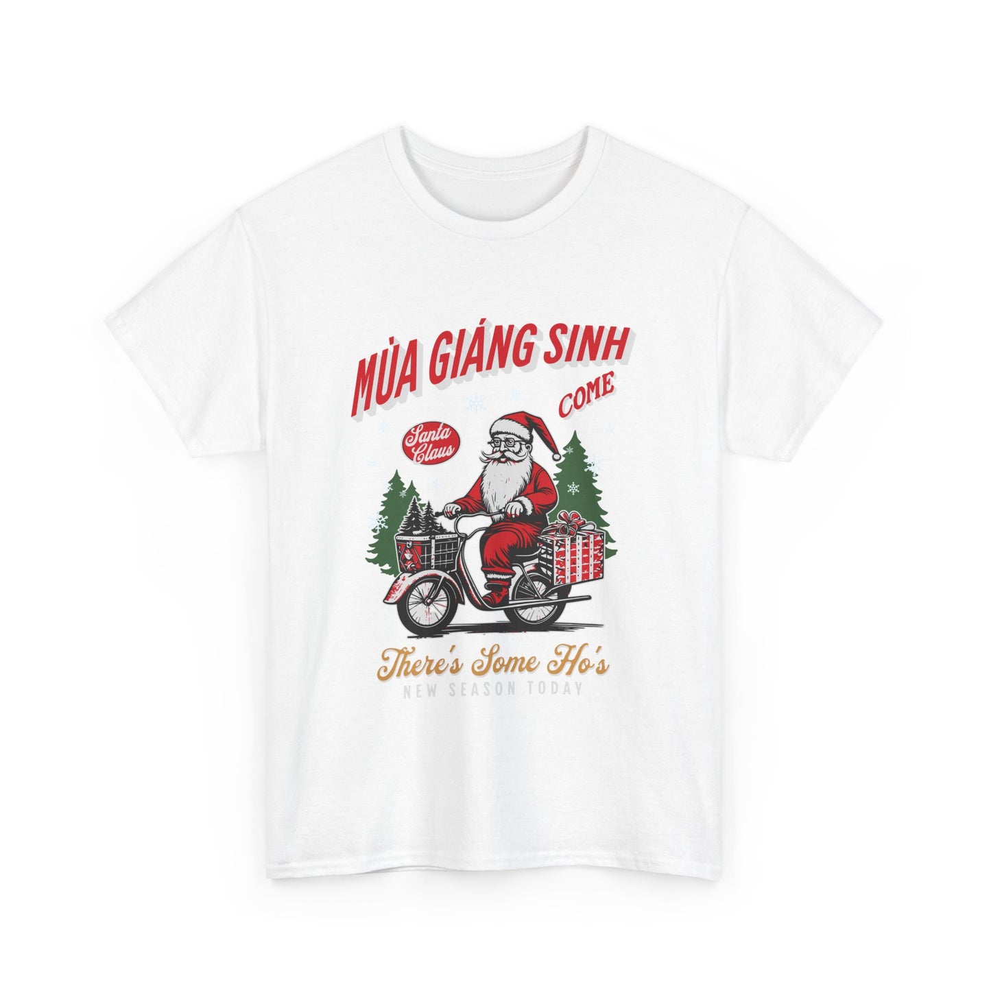 Festive Holiday Unisex Heavy Cotton Tee - Santa On Bicycle Design