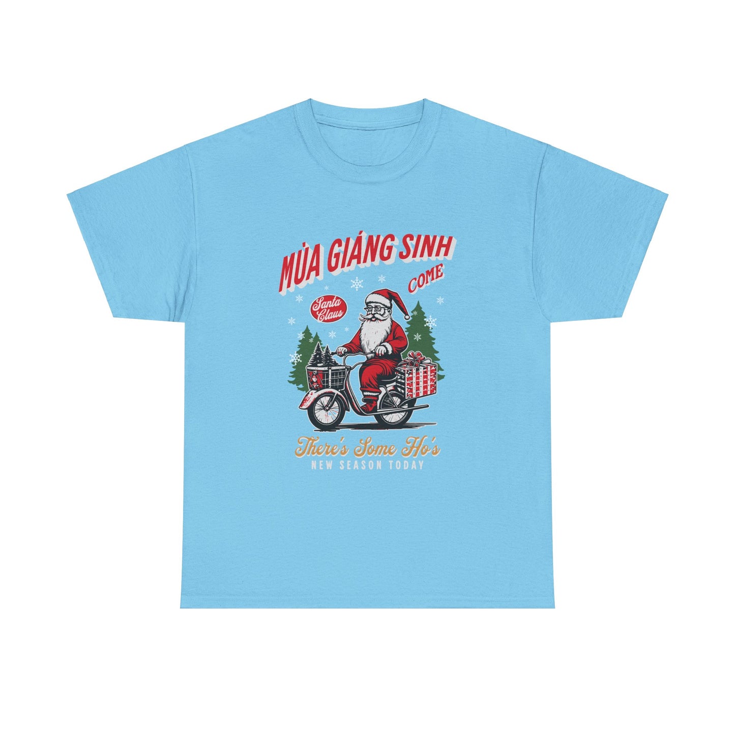 Festive Holiday Unisex Heavy Cotton Tee - Santa On Bicycle Design