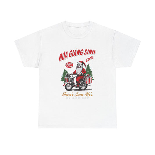 Festive Holiday Unisex Heavy Cotton Tee - Santa On Bicycle Design