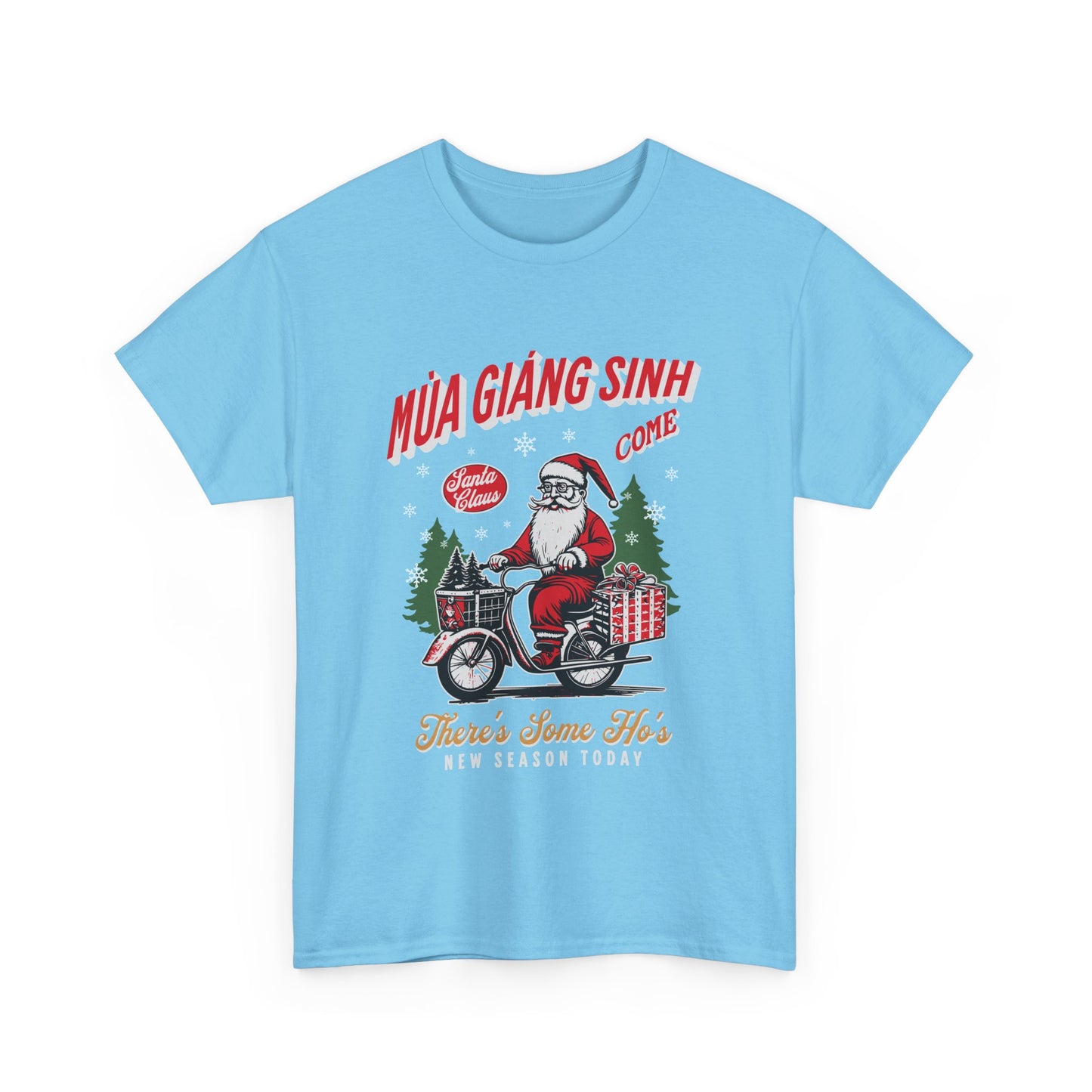 Festive Holiday Unisex Heavy Cotton Tee - Santa On Bicycle Design